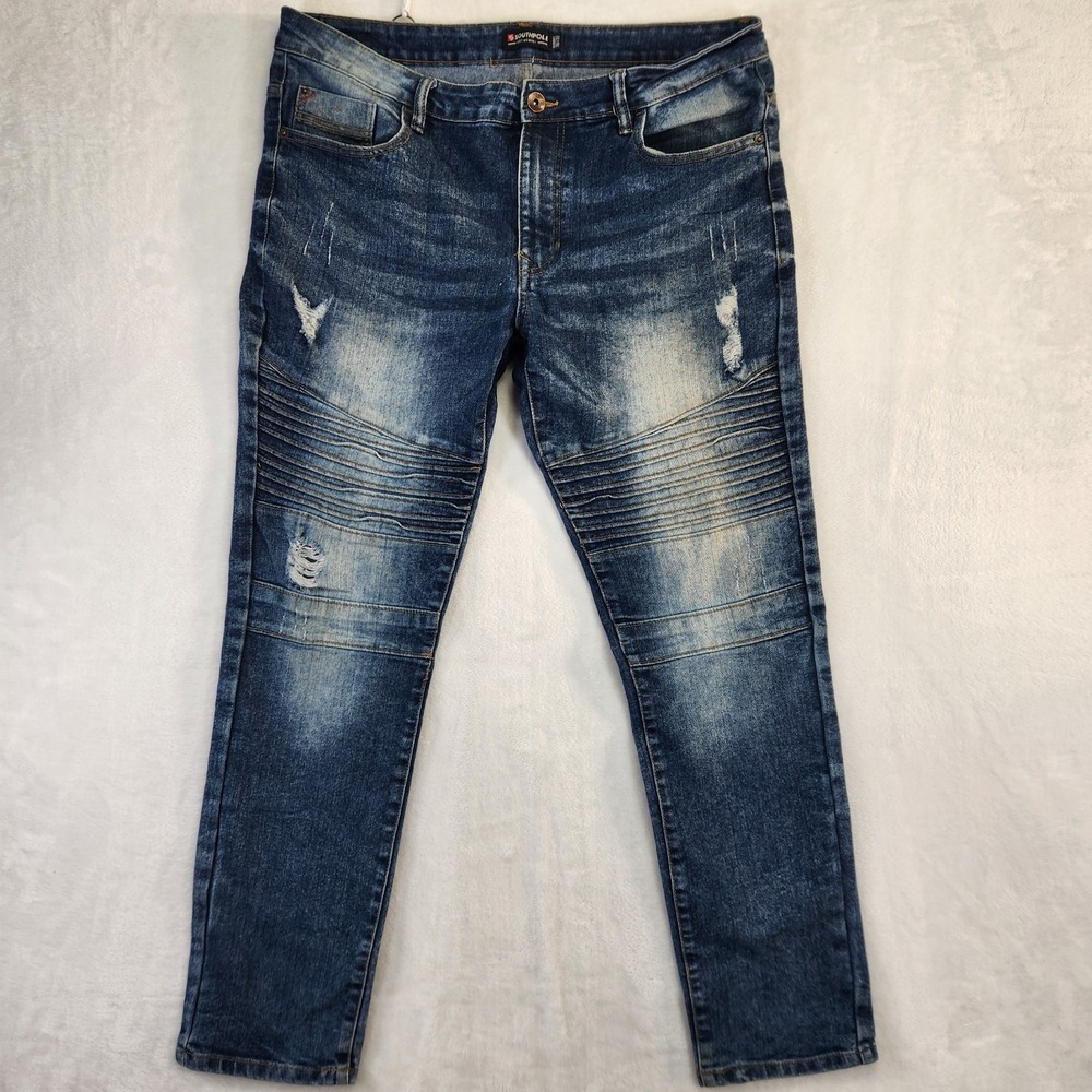 Southpole‎ Skinny Moto Jeans Mens 38x32 Blue Distressed Biker Denim Streetwear